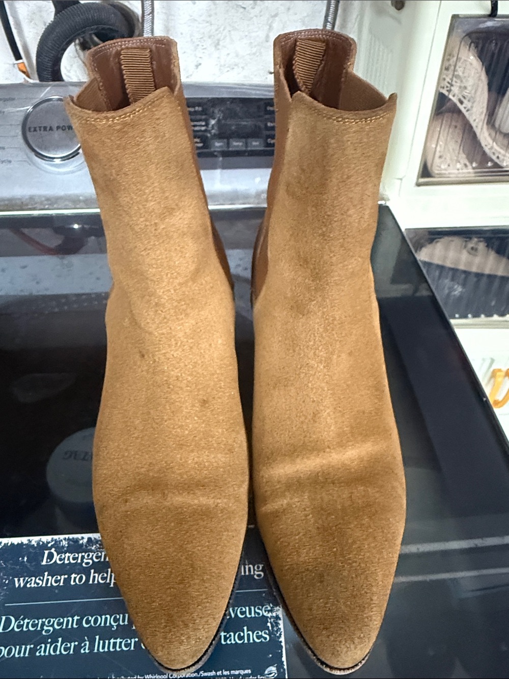 Celine Tan Suede Pointed Chelsea Ankle Boots